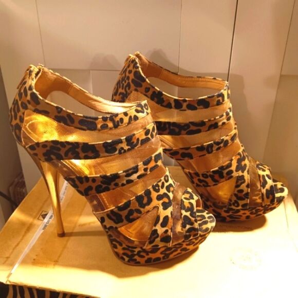 Liliana Leopard Print Faux Suede Leather Gold Mesh 5" Peep Toe Stilettos… - Picture 6 of 7